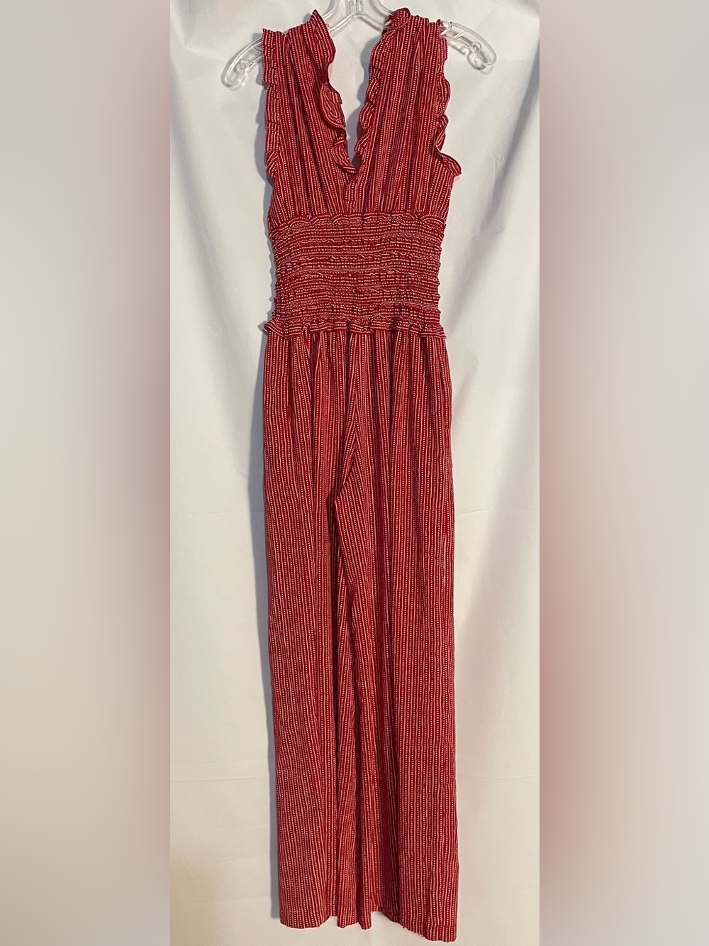 Max Studio Red Smocked Waist Striped Jumpsuit, size M